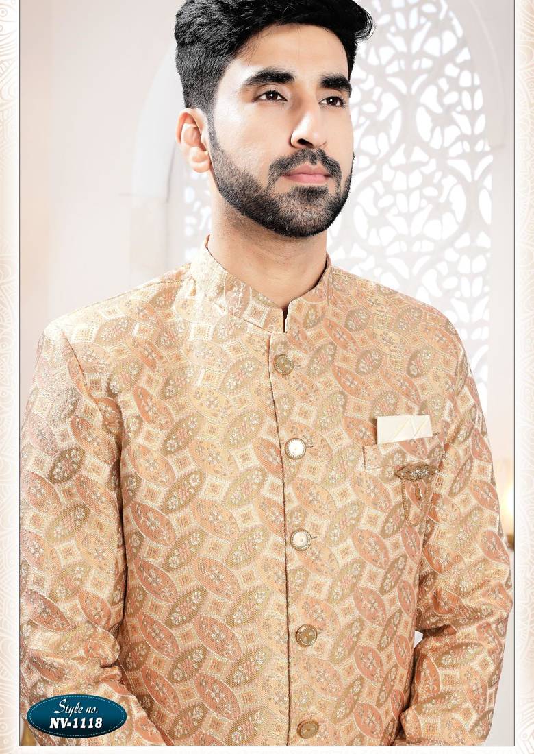 Men's Gold woven jacquard thread and sequence embroidery all over  kurta set