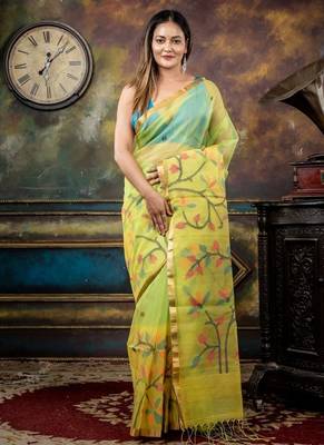 green hand woven silk blend cotton bengal handloom all seasons sarees 1