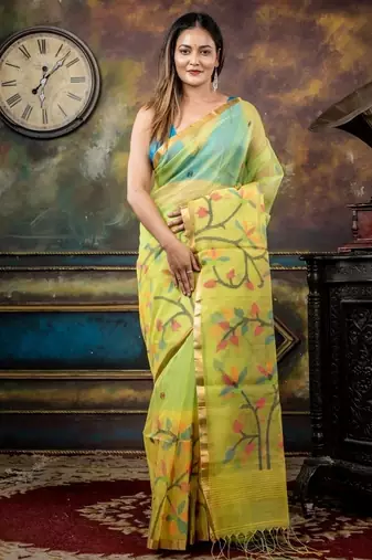 green hand woven silk blend cotton bengal handloom all seasons sarees