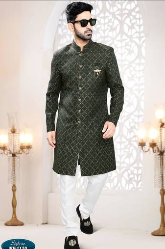 Men's green woven jacquard all over sequence kurta set