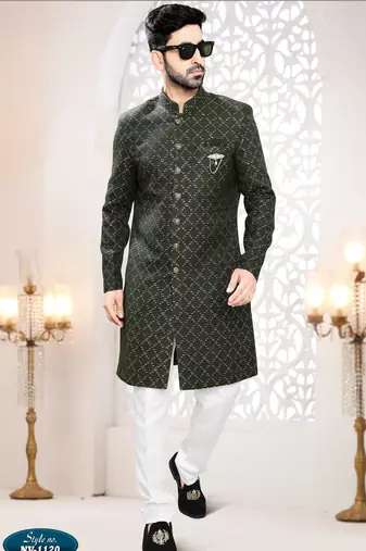 Men's green woven jacquard all over sequence kurta set