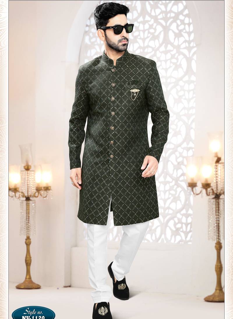 Men's green woven jacquard all over sequence kurta set