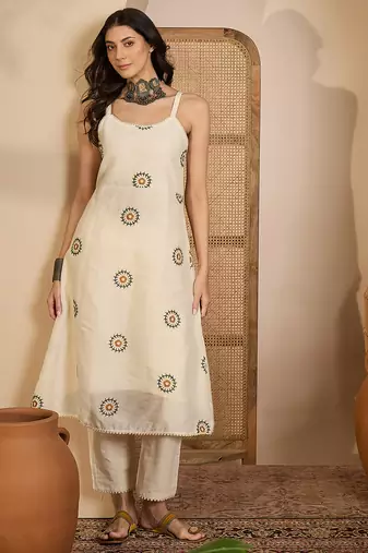 Beige khadi silk embroidered embroidery work top bottom set