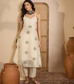 Beige khadi silk embroidered embroidery work top bottom set