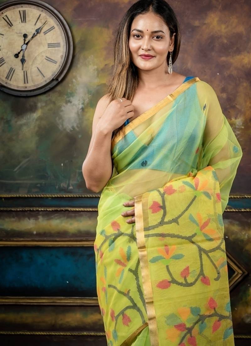 green hand woven silk blend cotton bengal handloom all seasons sarees