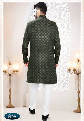 Men's green woven jacquard all over sequence kurta set 2