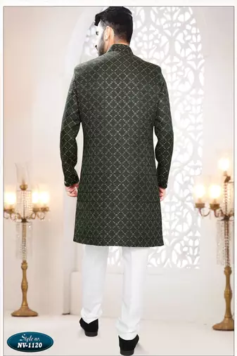 Men's green woven jacquard all over sequence kurta set