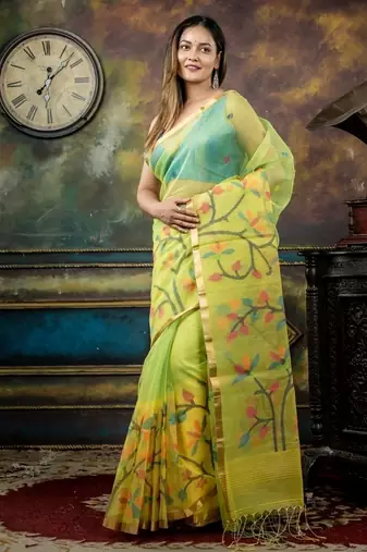 green hand woven silk blend cotton bengal handloom all seasons sarees