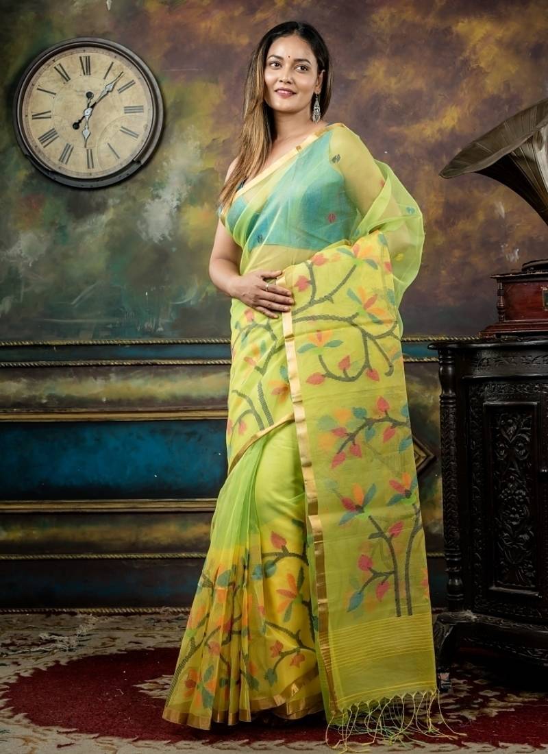 green hand woven silk blend cotton bengal handloom all seasons sarees
