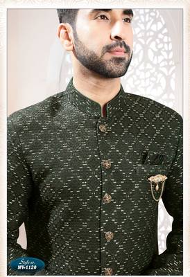 Men's green woven jacquard all over sequence kurta set 3