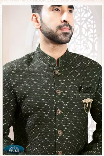 Men's green woven jacquard all over sequence kurta set