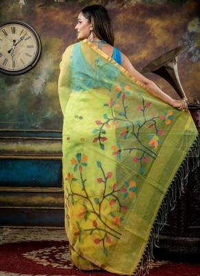 green hand woven silk blend cotton bengal handloom all seasons sarees 4