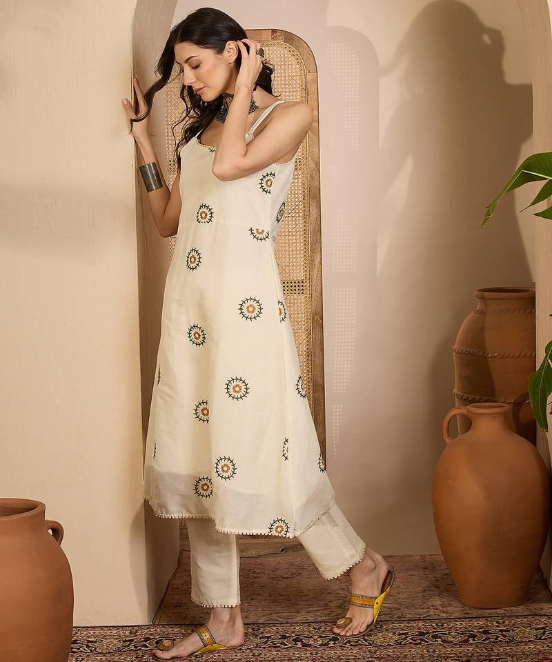 Beige khadi silk embroidered embroidery work top bottom set