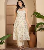 Beige khadi silk embroidered embroidery work top bottom set