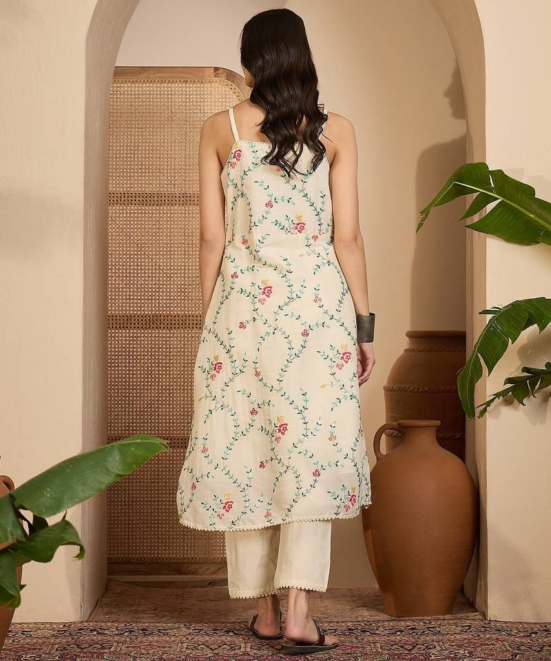 Beige khadi silk embroidered embroidery work top bottom set