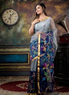 grey hand woven silk blend cotton bengal handloom all seasons sarees 1
