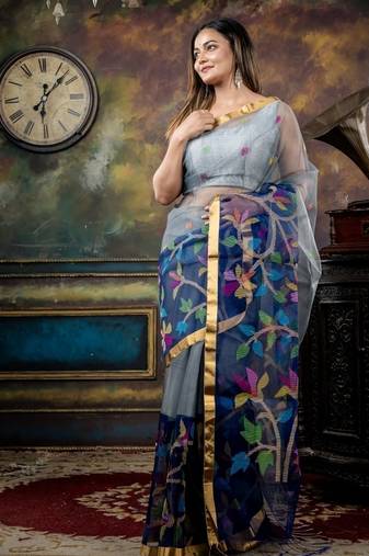 grey hand woven silk blend cotton bengal handloom all seasons sarees