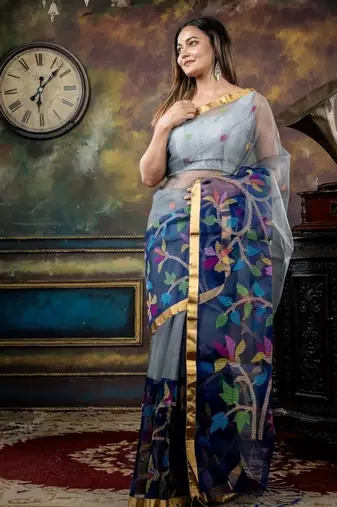 grey hand woven silk blend cotton bengal handloom all seasons sarees