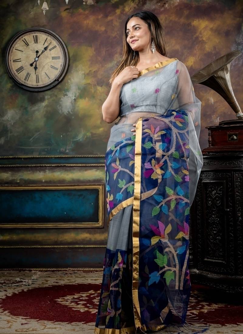 grey hand woven silk blend cotton bengal handloom all seasons sarees