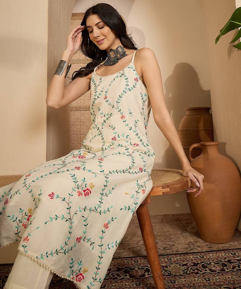 Beige khadi silk embroidered embroidery work top bottom set