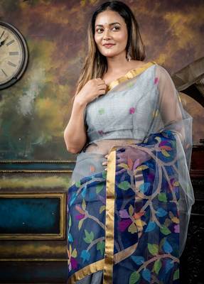 grey hand woven silk blend cotton bengal handloom all seasons sarees 2