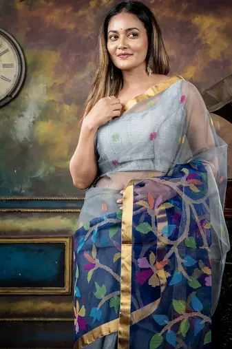 grey hand woven silk blend cotton bengal handloom all seasons sarees