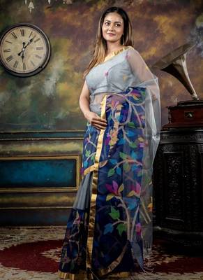 grey hand woven silk blend cotton bengal handloom all seasons sarees 3
