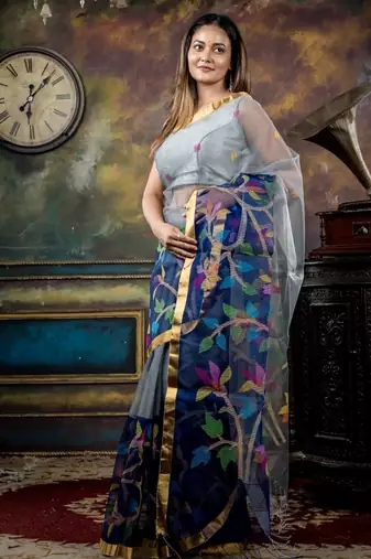 grey hand woven silk blend cotton bengal handloom all seasons sarees