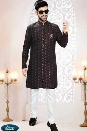 Men's maroon woven jacquard thread and sequence embroidery all over  kurta set