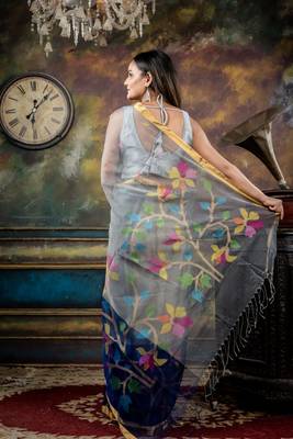 grey hand woven silk blend cotton bengal handloom all seasons sarees 4
