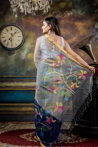 grey hand woven silk blend cotton bengal handloom all seasons sarees