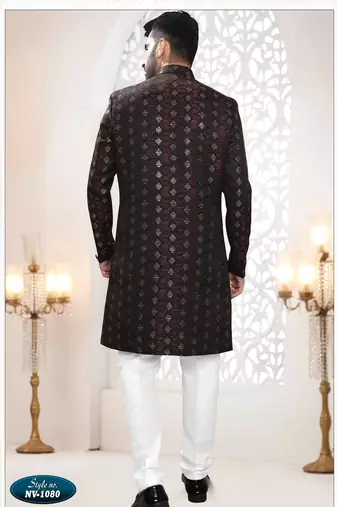 Men's maroon woven jacquard thread and sequence embroidery all over  kurta set