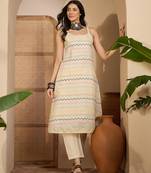 Beige khadi silk embroidered embroidery work top bottom set