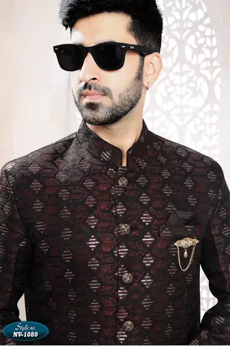 Men's maroon woven jacquard thread and sequence embroidery all over  kurta set