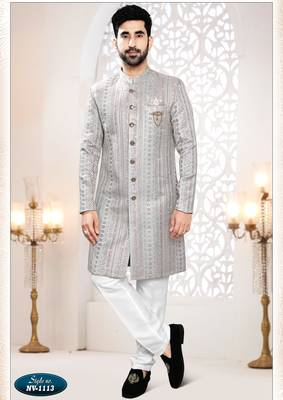 Men's greyish blue woven jacquard thread and sequence embroidery all over kurta set 1