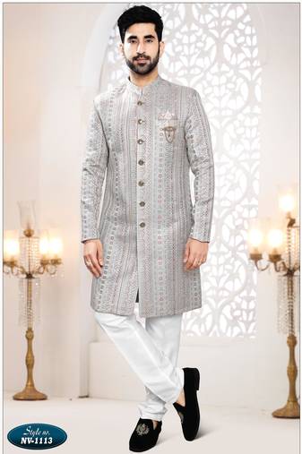 Men's greyish blue woven jacquard thread and sequence embroidery all over  kurta set