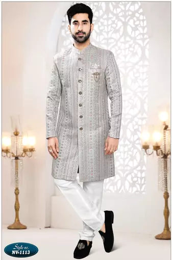 Men's greyish blue woven jacquard thread and sequence embroidery all over Sherwani set