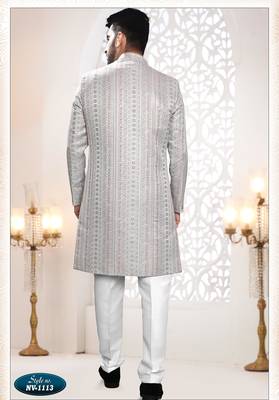 Men's greyish blue woven jacquard thread and sequence embroidery all over kurta set 2