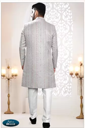 Men's greyish blue woven jacquard thread and sequence embroidery all over  kurta set