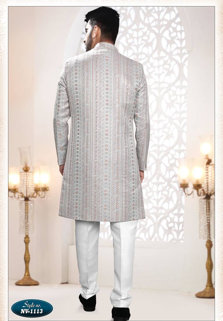 Men's greyish blue woven jacquard thread and sequence embroidery all over  kurta set