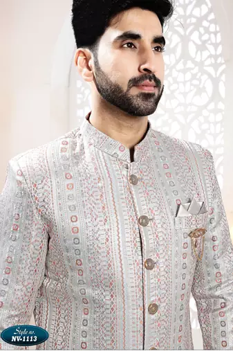 Men's greyish blue woven jacquard thread and sequence embroidery all over  kurta set