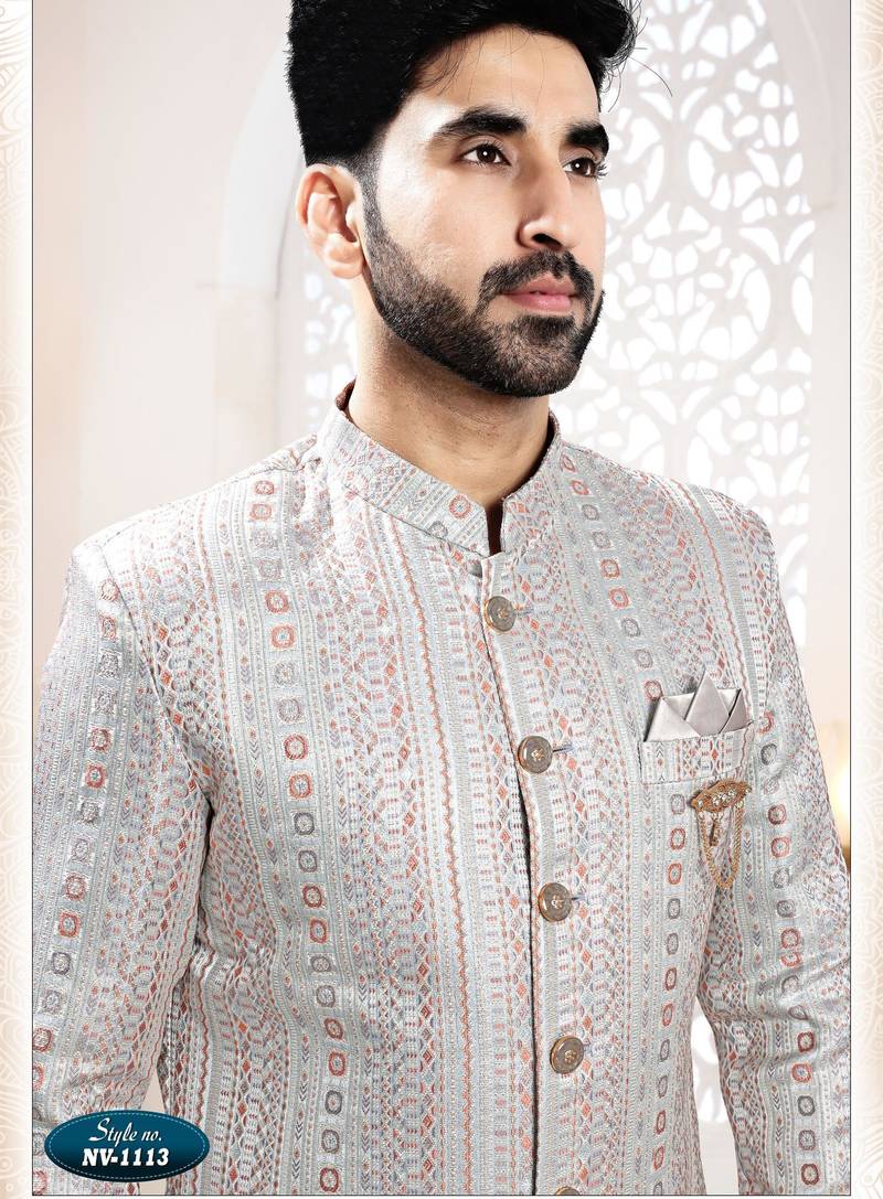Men's greyish blue woven jacquard thread and sequence embroidery all over  kurta set