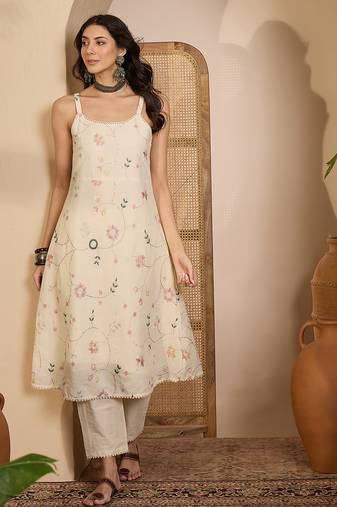 Beige khadi silk embroidered embroidery work top bottom set