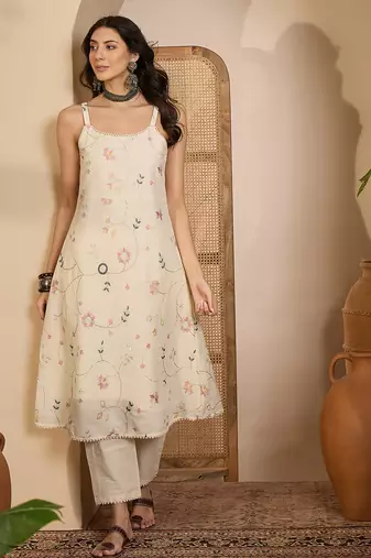 Beige khadi silk embroidered embroidery work top bottom set