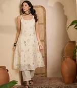 Beige khadi silk embroidered embroidery work top bottom set