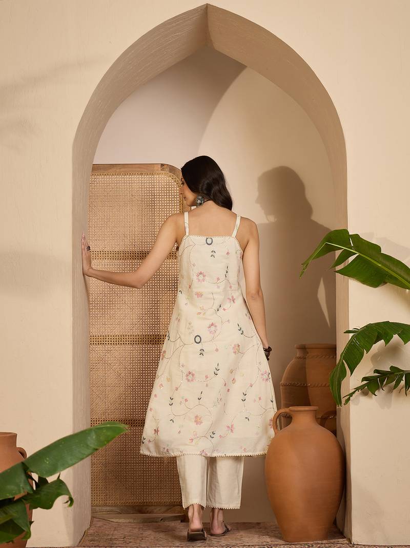 Beige khadi silk embroidered embroidery work top bottom set