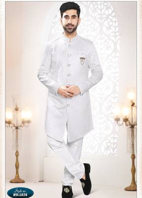 Men's white woven jacquard self design in fabric kurta set 1