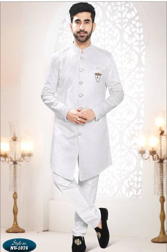 Men's white woven jacquard self design in fabric kurta set