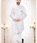 Men's white woven jacquard self design in fabric kurta set