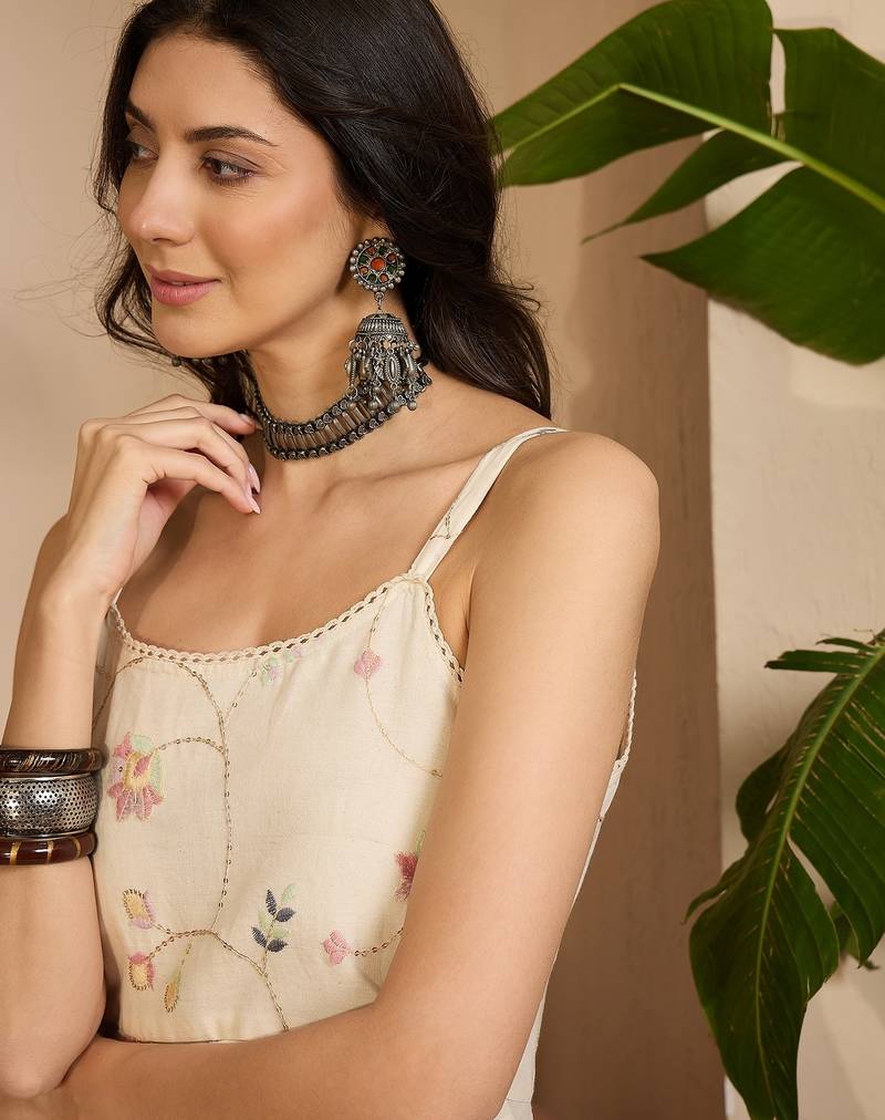 Beige khadi silk embroidered embroidery work top bottom set